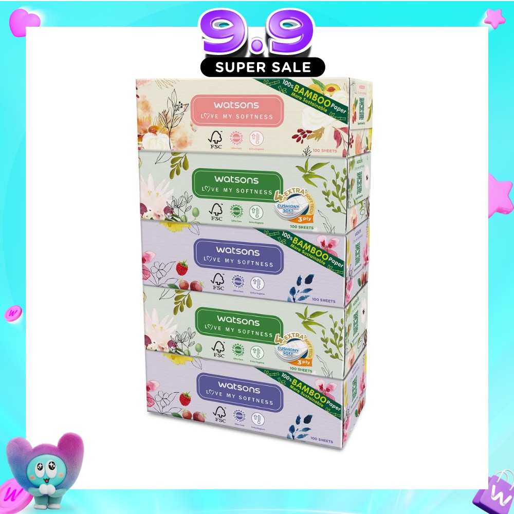 100% Bamboo Paper Cushiony Soft Box Tissue Sheet 3-Ply 100s x 5 image