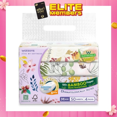 WATSONS [CNY] 100% Bamboo Velvet Facial Travel Tissue M Sheet (154mm x 195mm) 3 Ply 50s x 4