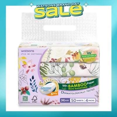 WATSONS - 100% Bamboo Velvet Facial Travel Tissue M Sheet (154mm x 195mm) 3 Ply 50s x 4