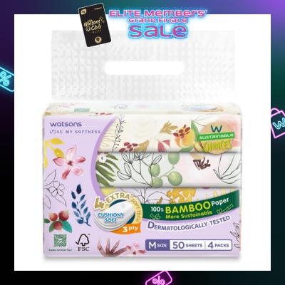 WATSONS 100% Bamboo Velvet Facial Travel Tissue M Sheet (154mm x 195mm) 3 Ply 50s x 4