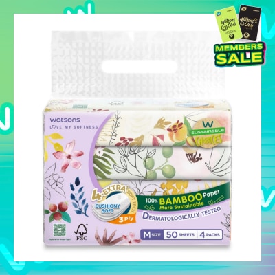 WATSONS 100% Bamboo Velvet Facial Travel Tissue M Sheet (154mm x 195mm) 3 Ply 50s x 4