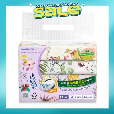 WATSONS - 100% Bamboo Velvet Facial Travel Tissue M Sheet (154mm x 195mm) 3 Ply 50s x 4