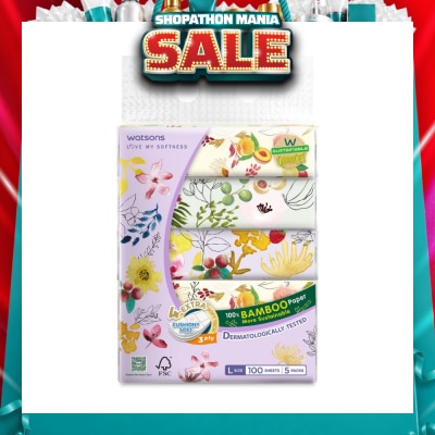 WATSONS - 100% Bamboo Velvet Facial Travel Tissue L Sheet (200mm x 195mm) 3 Ply 100s x 5