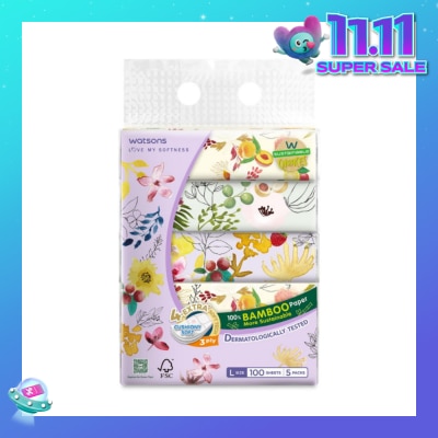 WATSONS 100% Bamboo Velvet Facial Travel Tissue L Sheet (200mm x 195mm) 3 Ply 100s x 5