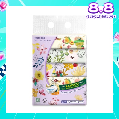 WATSONS 100% Bamboo Velvet Facial Travel Tissue L Sheet (200mm x 195mm) 3 Ply 100s x 5
