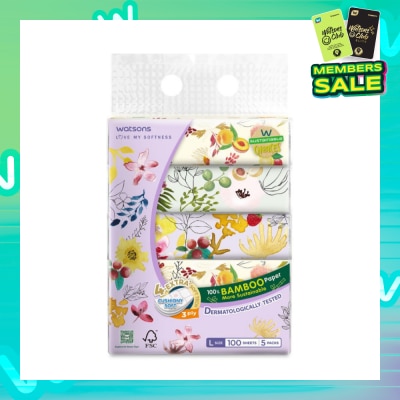 WATSONS 100% Bamboo Velvet Facial Travel Tissue L Sheet (200mm x 195mm) 3 Ply 100s x 5