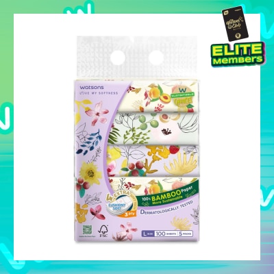 WATSONS 100% Bamboo Velvet Facial Travel Tissue L Sheet (200mm x 195mm) 3 Ply 100s x 5