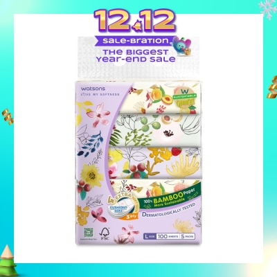 WATSONS 100% Bamboo Velvet Facial Travel Tissue L Sheet (200mm x 195mm) 3 Ply 100s x 5