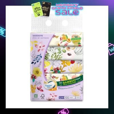 WATSONS 100% Bamboo Velvet Facial Travel Tissue L Sheet (200mm x 195mm) 3 Ply 100s x 5