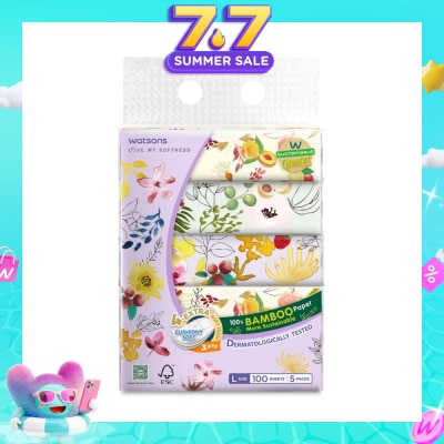 WATSONS - 100% Bamboo Velvet Facial Travel Tissue L Sheet (200mm x 195mm) 3 Ply 100s x 5