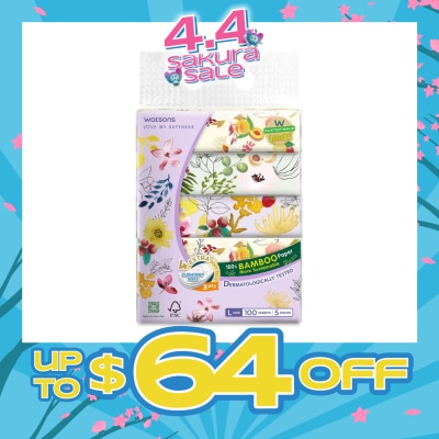 WATSONS - 100% Bamboo Velvet Facial Travel Tissue L Sheet (200mm x 195mm) 3 Ply 100s x 5