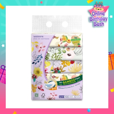 WATSONS 100% Bamboo Velvet Facial Travel Tissue L Sheet (200mm x 195mm) 3 Ply 100s x 5