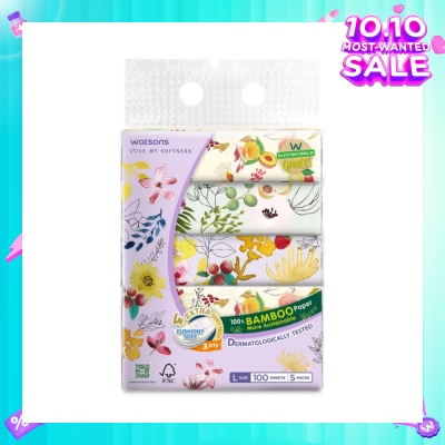 WATSONS 100% Bamboo Velvet Facial Travel Tissue L Sheet (200mm x 195mm) 3 Ply 100s x 5