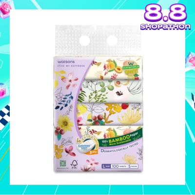WATSONS 100% Bamboo Velvet Facial Travel Tissue L Sheet (200mm x 195mm) 3 Ply 100s x 5