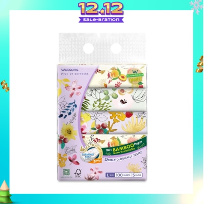 WATSONS 100% Bamboo Velvet Facial Travel Tissue L Sheet (200mm x 195mm) 3 Ply 100s x 5