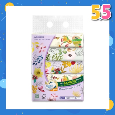 WATSONS 100% Bamboo Velvet Facial Travel Tissue L Sheet (200mm x 195mm) 3 Ply 100s x 5