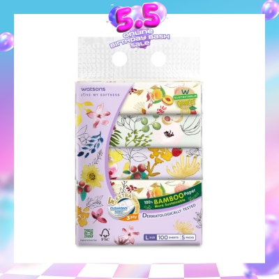 WATSONS - 100% Bamboo Velvet Facial Travel Tissue L Sheet (200mm x 195mm) 3 Ply 100s x 5