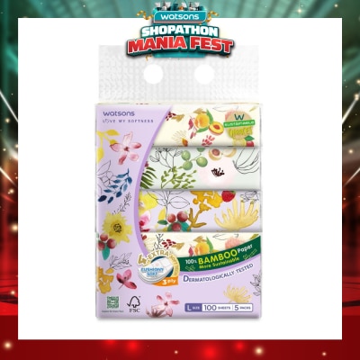 WATSONS - 100% Bamboo Velvet Facial Travel Tissue L Sheet (200mm x 195mm) 3 Ply 100s x 5