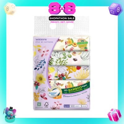 WATSONS - 100% Bamboo Velvet Facial Travel Tissue L Sheet (200mm x 195mm) 3 Ply 100s x 5