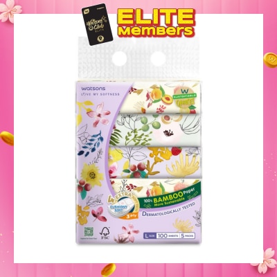 WATSONS [CNY] 100% Bamboo Velvet Facial Travel Tissue L Sheet (200mm x 195mm) 3 Ply 100s x 5