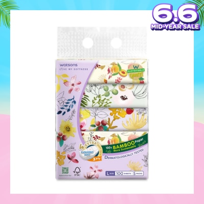 WATSONS 100% Bamboo Velvet Facial Travel Tissue L Sheet (200mm x 195mm) 3 Ply 100s x 5