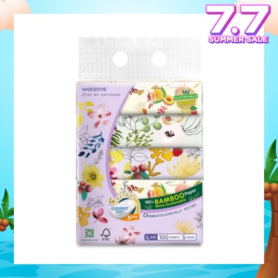 WATSONS 100% Bamboo Velvet Facial Travel Tissue L Sheet (200mm x 195mm) 3 Ply 100s x 5