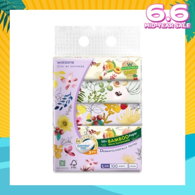 WATSONS 100% Bamboo Velvet Facial Travel Tissue L Sheet (200mm x 195mm) 3 Ply 100s x 5