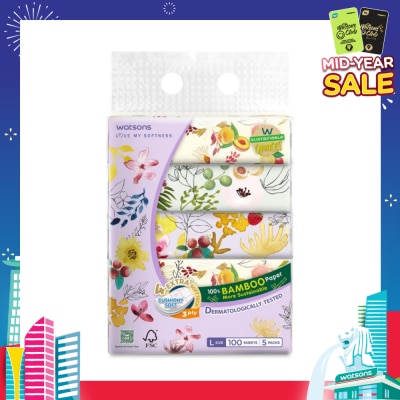 WATSONS 100% Bamboo Velvet Facial Travel Tissue L Sheet (200mm x 195mm) 3 Ply 100s x 5