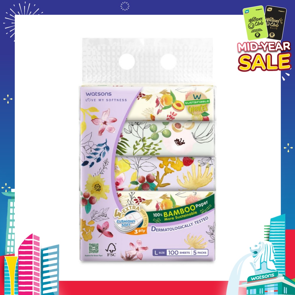 100% Bamboo Velvet Facial Travel Tissue L Sheet (200mm x 195mm) 3 Ply 100s x 5