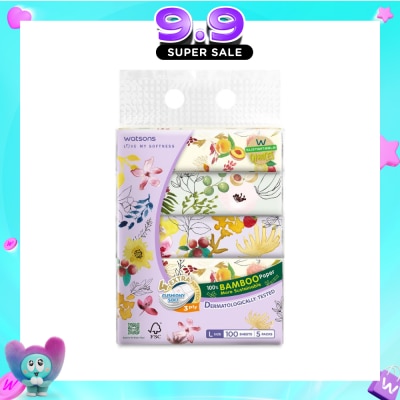 WATSONS - 100% Bamboo Velvet Facial Travel Tissue L Sheet (200mm x 195mm) 3 Ply 100s x 5 image