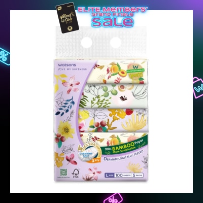 WATSONS 100% Bamboo Velvet Facial Travel Tissue L Sheet (200mm x 195mm) 3 Ply 100s x 5