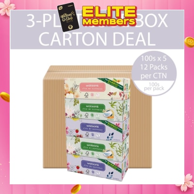 WATSONS 100% Bamboo Paper Cushiony Soft Box Tissue Sheet 3-Ply 100s x 5 x 12 (Per Carton)