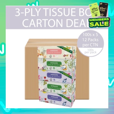 WATSONS 100% Bamboo Paper Cushiony Soft Box Tissue Sheet 3-Ply 100s x 5 x 12 (Per Carton)