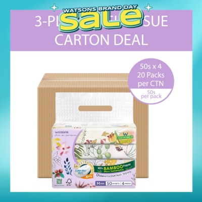 WATSONS - 100% Bamboo Velvet Facial Travel Tissue M Sheet (154mm x 195mm) 3 Ply 50s x 4 x 20 Packs (Per Carton) (Expiry: Dec`2026)