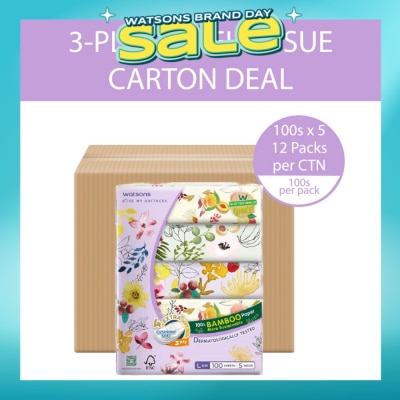 WATSONS - 100% Bamboo Velvet Facial Travel Tissue L Sheet (200mm x 195mm) 3 Ply 100s x 5 x 12 (Per Carton)