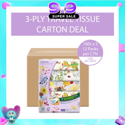 WATSONS - 100% Bamboo Velvet Facial Travel Tissue L Sheet (200mm x 195mm) 3 Ply 100s x 5 x 12 (Per Carton) image