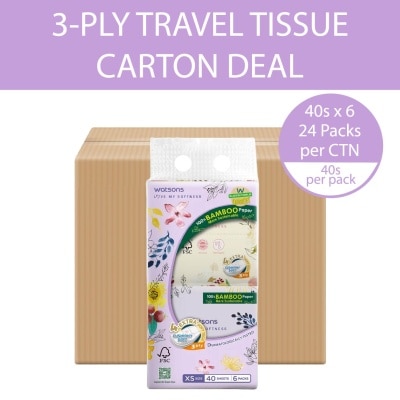 WATSONS 100% Bamboo Velvet Facial Travel Tissue Sheet XS (188mm x 105mm) 3 Ply 40s x 6 x 24s (Per Carton)