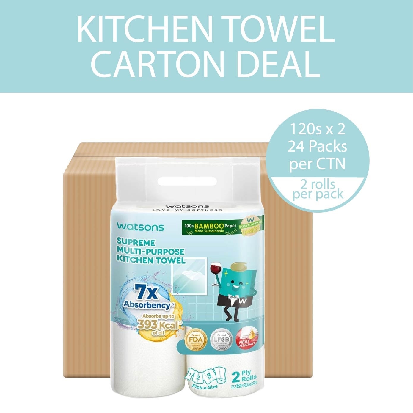 Supreme Multi-Purpose Kitchen Towel 2 Ply Sheet 120s x 2 Rolls x 24 (Per Carton)