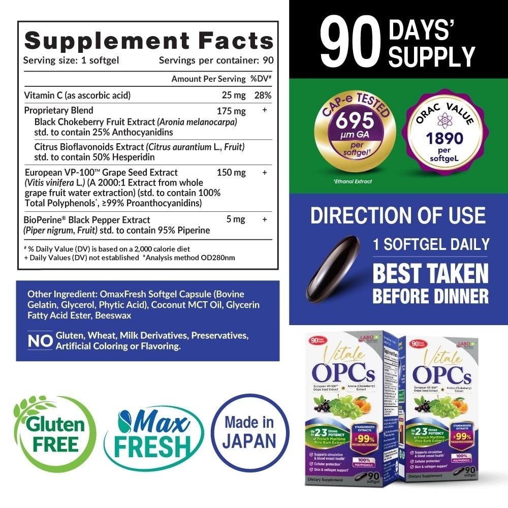 Vitale OPCs European Grape Seed Extract Softgels (Antioxidant, Circulation, Skin, & Immunity) 90s image