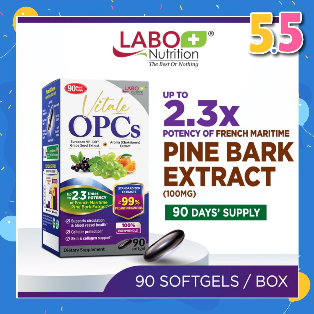 Vitale OPCs Dietary Supplement Softgel (European Grape Seed Extract For Radiant Skin, Immunity, Heart Health, Healthy Circulation & Antioxidant Protection) 90s