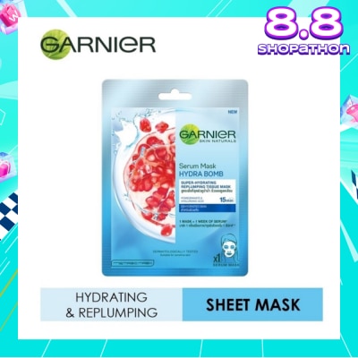 GARNIER Hydra Bomb Pomegranate Super Hydrating Replumping Serum Tissue Mask 1s