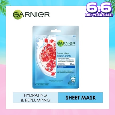 GARNIER Hydra Bomb Pomegranate Super Hydrating Replumping Serum Tissue Mask 1s