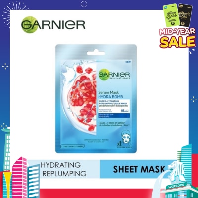 GARNIER Hydra Bomb Pomegranate Super Hydrating Replumping Serum Tissue Mask 1s