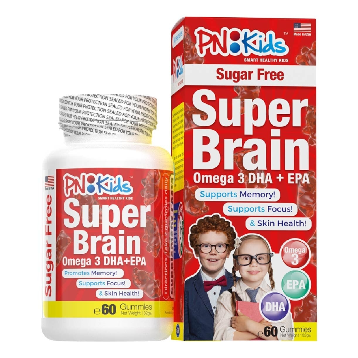 Super Brain Omega 3 DHA + EPA Sugar Free Gummies For Kids (Supports Memmory Mental Focus Vision & Skin Health) 60s