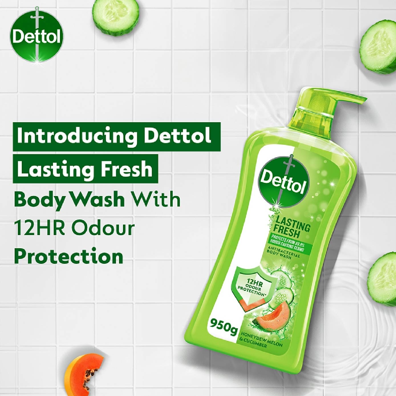 Dettol Lasting Fresh Antibacterial Body Wash Honeydew Melon & Cucumber 950g x 2s