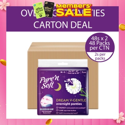 PURE N SOFT Dream V-Gentle Overnight Panties M-L Hips 32" To 41" Waist Up To 35" Carton 48s x 2