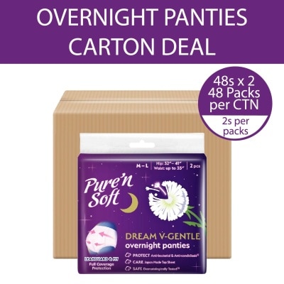 PURE N SOFT Dream V-Gentle Overnight Panties M-L Hips 32" To 41" Waist Up To 35" Carton 48s x 2