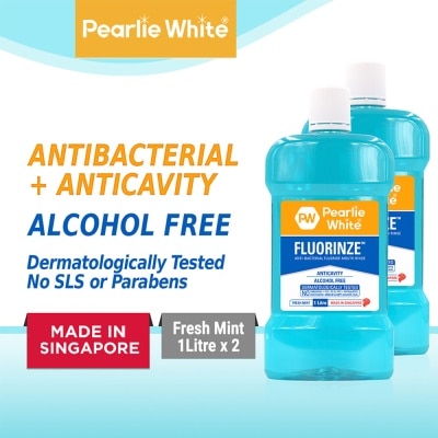 PEARLIE WHITE® Fluorinze Anti Bacterial Fluoride Mouth Rinse Alcohol Free Refreshing Mint Flavour Twinpack 1L