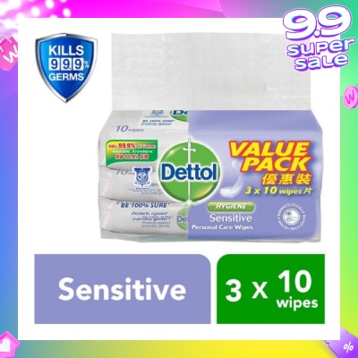 DETTOL Anti-Bacterial Wet Wipes Sensitive 10s x 3 pack (Expiry: May`2026)