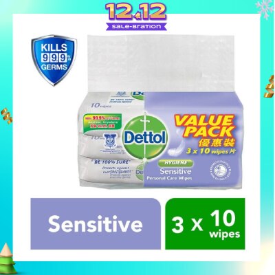 DETTOL Anti-Bacterial Wet Wipes Sensitive 10s x 3 pack (Expiry: May`2026)
